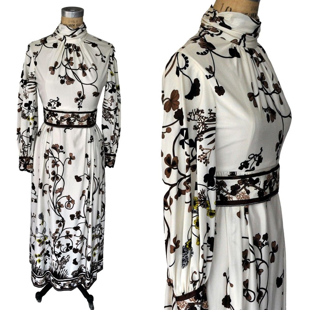 Vintage White Brown 70s Maxi Floral Autumnal Dress